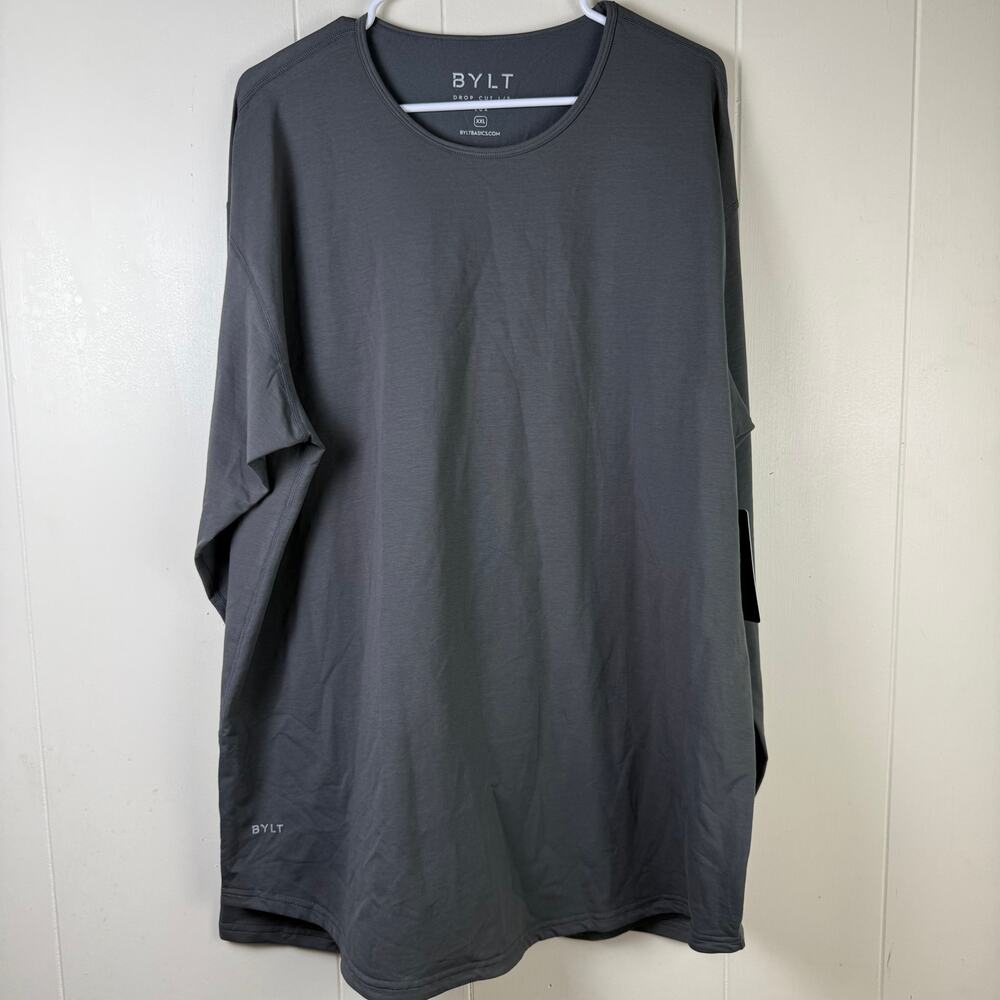 BYLT Drop Cut L/S Shirt Men 2XL XXL Gray Cotton Crew Neck Performance Stretch.
